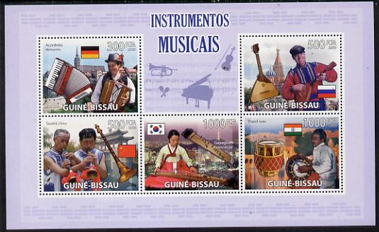 Guinea - Bissau 2009 Musical Instruments perf sheetlet containing 5 values unmounted mint, stamps on , stamps on  stamps on music