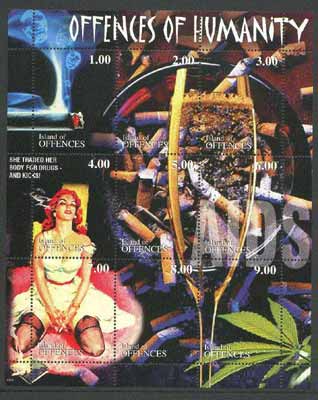 Island of Offences 2000 Offences of Humanity (Smoking, Drugs, Alcohol, Aids) perf sheetlet containing set of 9 values unmounted mint, stamps on smoking, stamps on tobacco, stamps on alcohol, stamps on drink, stamps on drugs, stamps on aids