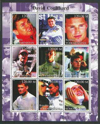 Turkmenistan 2000 Formula 1 (David Coulthard) perf sheetlet containing set of 9 values unmounted mint, stamps on , stamps on  stamps on motorsport, stamps on racing cars, stamps on  stamps on  f1 , stamps on  stamps on formula 1, stamps on  stamps on cars, stamps on  stamps on scots, stamps on  stamps on scotland