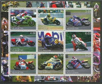 Tadjikistan 2000 Racing Motor Cycles perf sheetlet containing set of 9 values unmounted mint, stamps on , stamps on  stamps on motorbikes, stamps on  stamps on  oil , stamps on  stamps on 