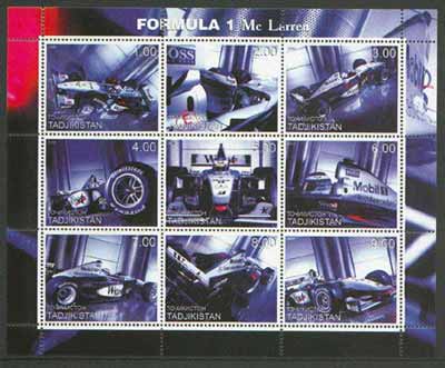 Tadjikistan 2000 Formula 1 (McLaren) perf sheetlet containing set of 9 values unmounted mint, stamps on , stamps on  stamps on racing cars, stamps on  stamps on cars, stamps on  stamps on motorsport, stamps on  stamps on  oil , stamps on  stamps on  f1 , stamps on  stamps on 