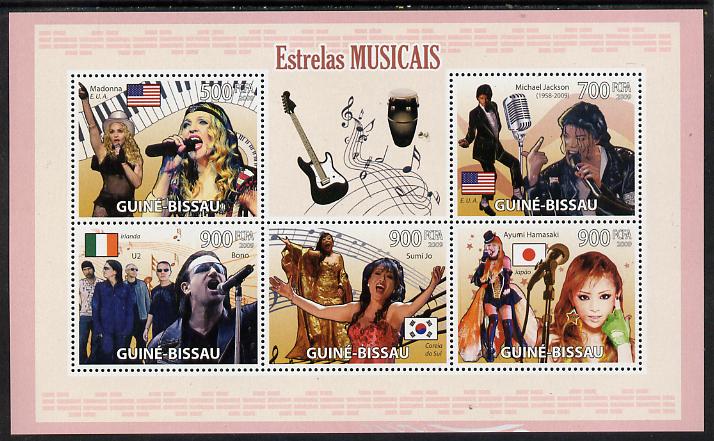 Guinea - Bissau 2009 Famous Musicians perf sheetlet containing 5 values unmounted mint, stamps on music, stamps on rock, stamps on pops, stamps on 