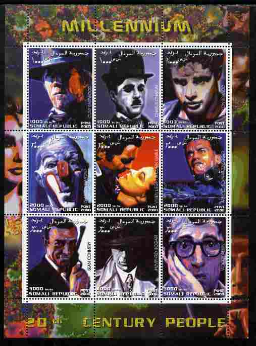 Somalia 2000 Millennium - 20th Century People #5 perf sheetlet containing set of 9 values unmounted mint. Note this item is privately produced and is offered purely on its thematic appeal, stamps on personalities, stamps on films, stamps on movies, stamps on cinema, stamps on arts, stamps on comedy, stamps on chaplin, stamps on  spy , stamps on bond, stamps on 