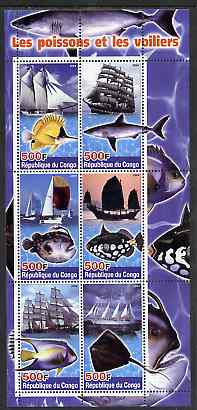 Congo 2004 Fish & Sailing Ships perf sheetlet containing 6 values unmounted mint, stamps on , stamps on  stamps on fish, stamps on  stamps on ships