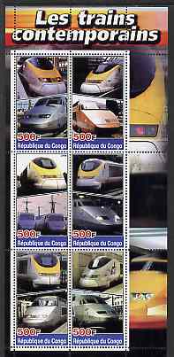 Congo 2004 Modern Trains perf sheetlet containing 6 values unmounted mint, stamps on , stamps on  stamps on railways