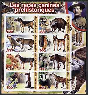 Congo 2004 Prehistoric Dogs imperf sheetlet containing 8 values (with Baden Powell in margin) unmounted mint, stamps on dinosaurs, stamps on scouts, stamps on dogs, stamps on wolves, stamps on badgers, stamps on foxes