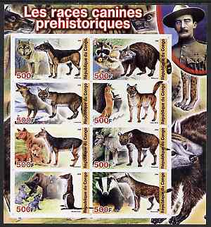 Congo 2004 Prehistoric Dogs imperf sheetlet containing 8 values (with Baden Powell in margin) unmounted mint, stamps on , stamps on  stamps on dinosaurs, stamps on  stamps on scouts, stamps on  stamps on dogs, stamps on  stamps on wolves, stamps on  stamps on badgers, stamps on  stamps on foxes