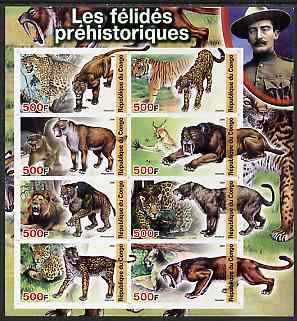 Congo 2004 Prehistoric Cats imperf sheetlet containing 8 values (with Baden Powell in margin) unmounted mint, stamps on , stamps on  stamps on dinosaurs, stamps on  stamps on scouts, stamps on  stamps on cats, stamps on  stamps on lions, stamps on  stamps on tigers, stamps on  stamps on 