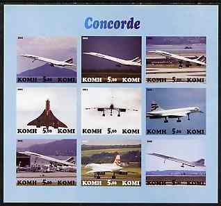 Komi Republic 2001 Concorde imperf sheetlet containing set of 9 values complete unmounted mint, stamps on aviation, stamps on concorde