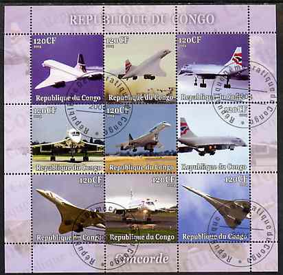 Congo 2004 Concorde perf sheetlet containing set of 9 values fine cto used, stamps on aviation, stamps on concorde