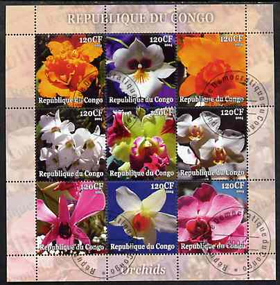 Congo 2004 Orchids perf sheetlet containing set of 9 values fine cto used, stamps on flowers, stamps on orchids