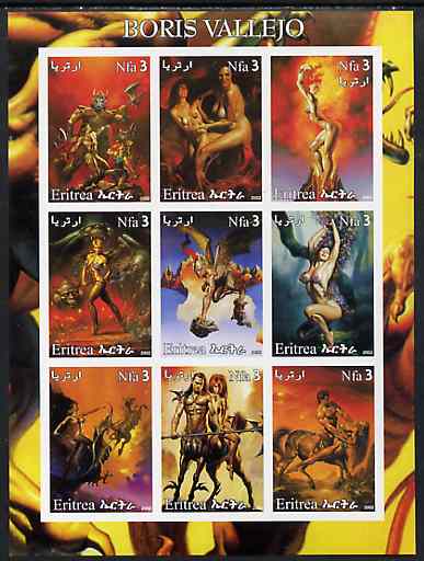 Eritrea 2002 Fantasy Art of Boris Vallejo imperf sheetlet containing 9 values unmounted mint, stamps on arts, stamps on women, stamps on nudes, stamps on fantasy