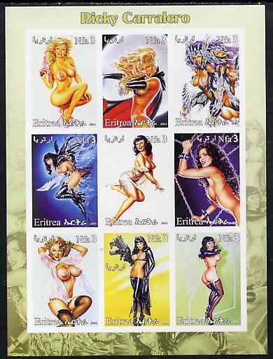 Eritrea 2003 Fantasy Art of Ricky Carralero imperf sheetlet containing 9 values unmounted mint, stamps on arts, stamps on women, stamps on nudes, stamps on fantasy
