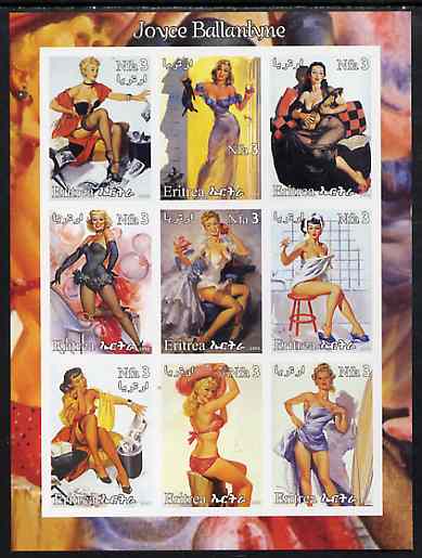 Eritrea 2003 Fantasy Art by Joyce Ballantyne (Pin-ups) imperf sheet containing 9 values, unmounted mint, stamps on arts, stamps on women, stamps on nudes, stamps on fantasy
