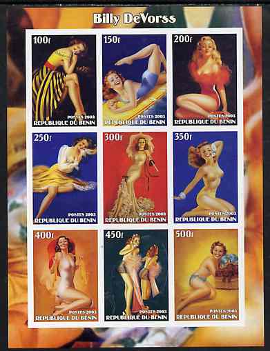 Benin 2003 Fantasy Art by Billy DeVorss (Pin-ups) imperf sheet containing 9 values, unmounted mint, stamps on arts, stamps on women, stamps on nudes, stamps on fantasy