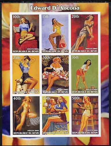 Benin 2003 Fantasy Art by Edward D'Ancona (Pin-ups) imperf sheet containing 9 values, unmounted mint, stamps on , stamps on  stamps on arts, stamps on  stamps on women, stamps on  stamps on nudes, stamps on  stamps on fantasy