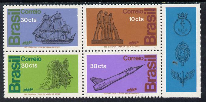 Brazil 1972 Armed Forces Day se-tenant block of 4 plus label (Ship & Aircraft) unmounted mint, stamps on aviation, stamps on militaria, stamps on ships, stamps on anchor, stamps on monuments