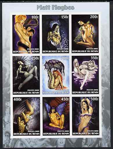 Benin 2002 Fantasy Art by Matt Hughes (Pin-ups) imperf sheet containing 9 values, unmounted mint, stamps on arts, stamps on women, stamps on nudes, stamps on fantasy