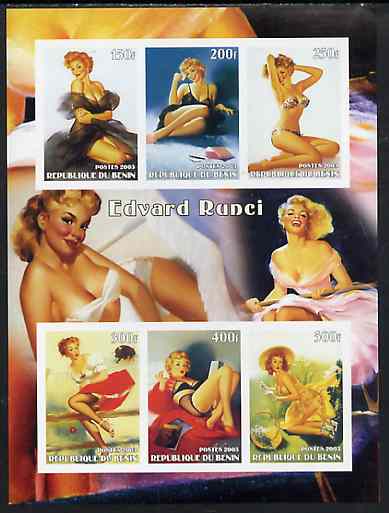 Benin 2003 Fantasy Art by Edvard Runci (Pin-ups) imperf sheet containing 6 values, unmounted mint, stamps on arts, stamps on women, stamps on nudes, stamps on fantasy