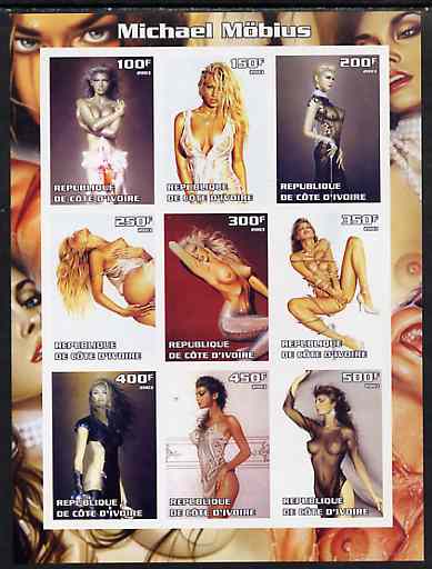 Ivory Coast 2003 Fantasy Art by Michael Mobius (Pin-ups) imperf sheet containing 9 values, unmounted mint, stamps on arts, stamps on women, stamps on nudes, stamps on fantasy