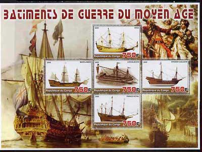 Congo 2005 War Ships (Sail) large perf sheetlet containing 5 values unmounted mint, stamps on ships, stamps on pirates