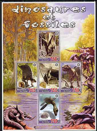 Congo 2005 Dinosaurs & Fossils large perf sheetlet containing 5 values (each with Scout Logo) unmounted mint, stamps on dinosaurs, stamps on scouts