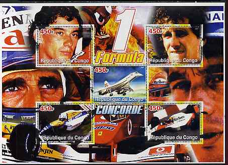 Congo 2005 Concorde & Formula 1 large perf sheetlet containing 5 values unmounted mint, stamps on , stamps on  stamps on aviation, stamps on  stamps on concorde, stamps on  stamps on formula 1, stamps on  stamps on   f1 , stamps on  stamps on racing cars, stamps on  stamps on ferrari