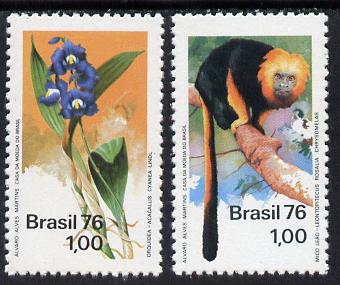 Brazil 1976 Nature Protection set of 2 (Tamarin & Acacallis) SG 1589-90 unmounted mint, stamps on animals, stamps on flowers
