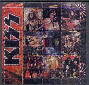 Karjala Republic 2000 Kiss perf sheetlet containing 9 values printed on metallic foil unmounted mint, stamps on music, stamps on pops, stamps on rock