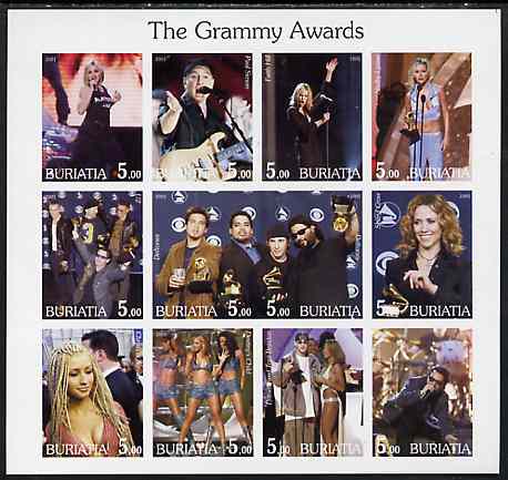 Buriatia Republic 2001 The Grammy Awards imperf sheetlet containing 12 values unmounted mint, stamps on music, stamps on pops