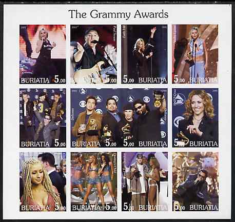 Buriatia Republic 2001 The Grammy Awards imperf sheetlet containing 12 values unmounted mint, stamps on , stamps on  stamps on music, stamps on  stamps on pops