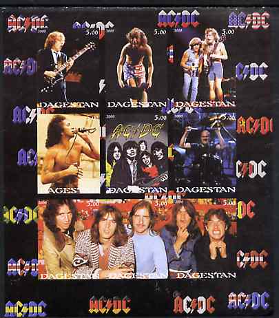 Dagestan Republic 2000 AC/DC imperf sheetlet containing 9 values unmounted mint, stamps on music, stamps on pops, stamps on rock