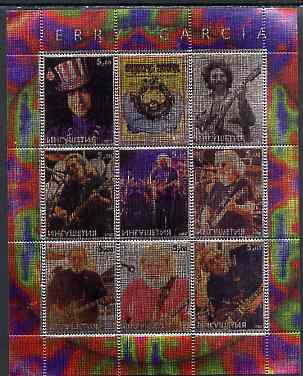 Ingushetia Republic 2000 Jerry Garcia perf sheetlet containing 9 values printed on metallic foil unmounted mint, stamps on music, stamps on pops, stamps on personalities, stamps on rock