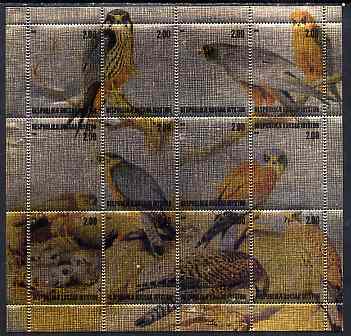 South Ossetia Republic (Kussar Iryston) 2000 Birds of Prey composite perf sheetlet containing 12 values printed on metallic foil unmounted mint, stamps on birds, stamps on birds of prey