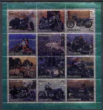 Udmurtia Republic 2000 Harley-Davidson Motorcycles perf sheetlet containing 12 values printed on metallic foil unmounted mint, stamps on , stamps on  stamps on motorbikes