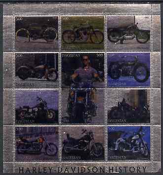 Dagestan Republic 2000 Harley-Davidson Motorcycles perf sheetlet containing 12 values printed on metallic foil unmounted mint, stamps on , stamps on  stamps on motorbikes