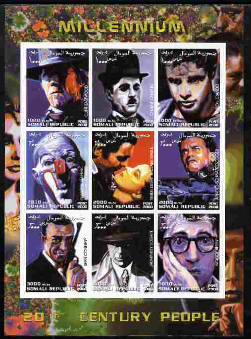 Somalia 2000 Millennium - 20th Century People #5 imperf sheetlet containing set of 9 values unmounted mint, stamps on personalities, stamps on films, stamps on movies, stamps on cinema, stamps on arts, stamps on comedy, stamps on chaplin, stamps on  spy , stamps on bond, stamps on 
