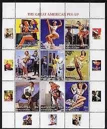 Kyrgyzstan 2000 The Great American Pin-Up perf sheetlet containing set of 9 values unmounted mint, stamps on arts, stamps on women, stamps on nudes, stamps on fantasy, stamps on americana