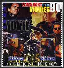 Turkmenistan 2002 Legendary Movies of the 90s - Terminator 2, large perf sheetlet containing 2 values unmounted mint, stamps on films, stamps on cinema, stamps on personalities, stamps on entertainments, stamps on motorbikes