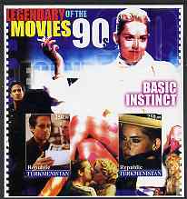 Turkmenistan 2002 Legendary Movies of the 90s - Basic Instinct, large imperf sheetlet containing 2 values unmounted mint, stamps on films, stamps on cinema, stamps on movies, stamps on personalities, stamps on entertainments, stamps on 