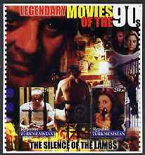 Turkmenistan 2002 Legendary Movies of the '90's - Silence of the Lambs, large perf sheetlet containing 2 values unmounted mint, stamps on films, stamps on cinema, stamps on personalities, stamps on entertainments, stamps on 