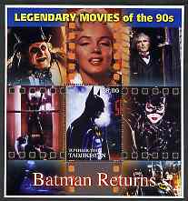 Tadjikistan 2002 Legendary Movies of the 90s - Batman Returns, large perf sheetlet containing 1 value unmounted mint (also shows Marilyn Monroe), stamps on films, stamps on cinema, stamps on personalities, stamps on entertainments, stamps on marilyn, stamps on marilyn monroe