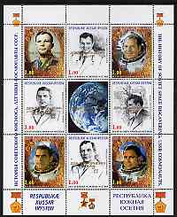 South Ossetia Republic 1999 History of USSR Space Discoveries #02 perf sheetlet containing 8 values plus label overprinted for Astronauts Day in gold, unmounted mint , stamps on , stamps on  stamps on space, stamps on  stamps on medals