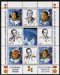 South Ossetia Republic 1999 History of USSR Space Discoveries #04 perf sheetlet containing 8 values plus label overprinted for Astronauts Day in gold, unmounted mint , stamps on , stamps on  stamps on space, stamps on  stamps on medals