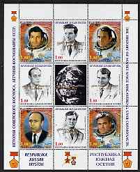 South Ossetia Republic 1999 History of USSR Space Discoveries #06 perf sheetlet containing 8 values plus label overprinted for Astronauts Day in gold, unmounted mint , stamps on space, stamps on medals