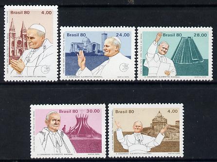 Brazil 1980 Papal Visit (Pope Paul & Cathedrals) set of 5 unmounted mint, SG 1848-52*, stamps on , stamps on  stamps on churches, stamps on personalities, stamps on religion, stamps on pope, stamps on cathedrals