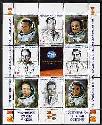 South Ossetia Republic 1999 History of USSR Space Discoveries #09 perf sheetlet containing 8 values plus label overprinted for Astronauts Day in gold, unmounted mint , stamps on , stamps on  stamps on space, stamps on  stamps on medals