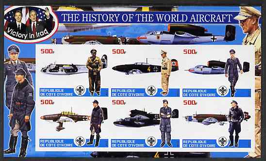 Ivory Coast 2003 History of the World Aircraft #01 imperf sheetlet containing 6 values each with Scout logo (with Blair & Bush & Victory in Iraq) unmounted mint , stamps on , stamps on  stamps on aviation, stamps on  stamps on scouts, stamps on  stamps on  ww2 , stamps on  stamps on 