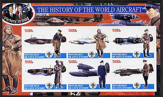 Ivory Coast 2003 History of the World Aircraft #03 imperf sheetlet containing 6 values each with Scout logo (with Blair & Bush & Victory in Iraq) unmounted mint , stamps on aviation, stamps on scouts, stamps on 