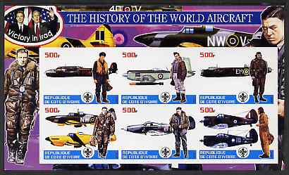 Ivory Coast 2003 History of the World Aircraft #05 imperf sheetlet containing 6 values each with Scout logo (with Blair & Bush & Victory in Iraq) unmounted mint , stamps on aviation, stamps on scouts, stamps on 